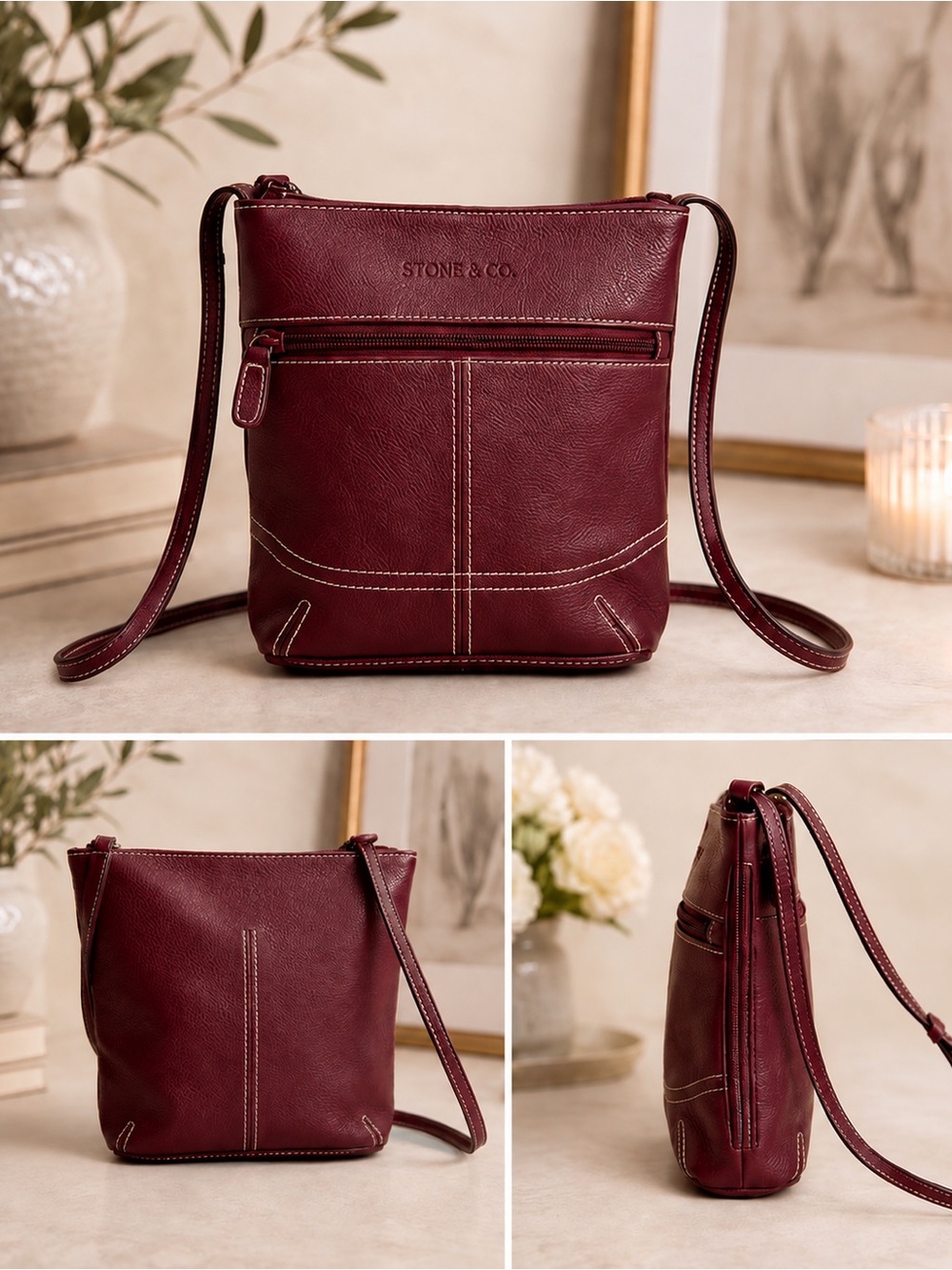 Stone & Co. Burgundy Pebble-Grain Crossbody Bag